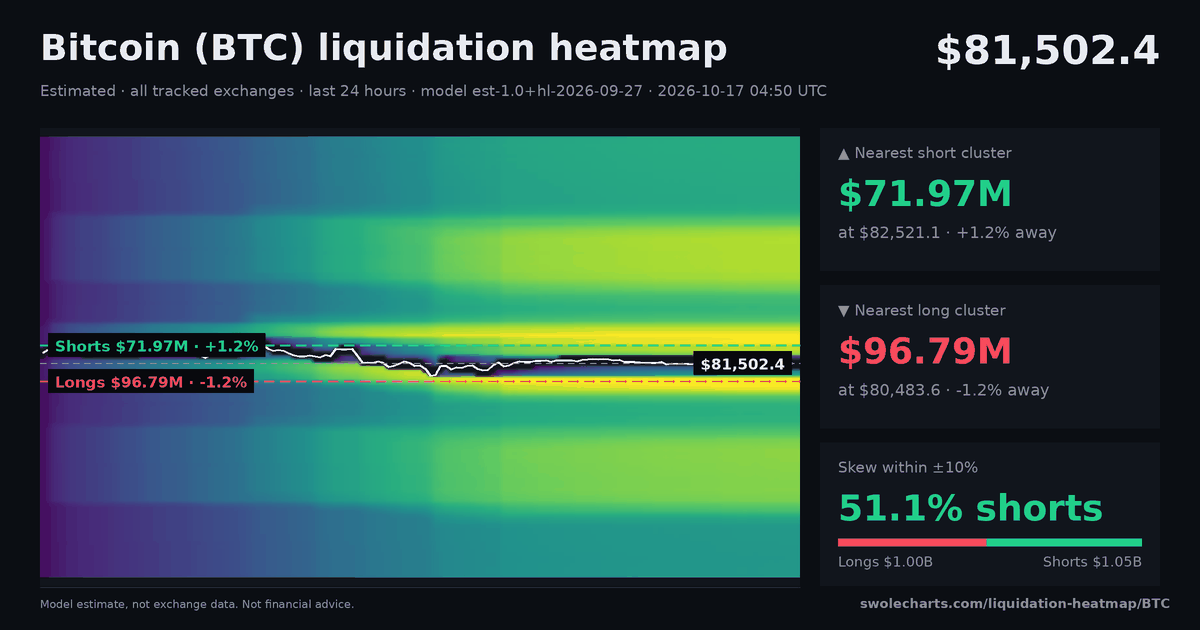 BTC estimated liquidation heatmap share card: modelled long liquidation levels below the price and short levels above it